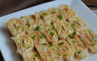 Lavash roll with Korean carrots - how to quickly prepare it with different fillings according to step-by-step recipes with photos