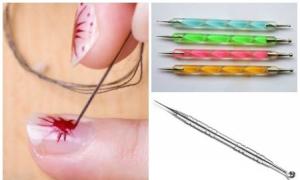 How to make a nail design with a needle - draw on wet varnish Simple nail polish designs with a needle step by step